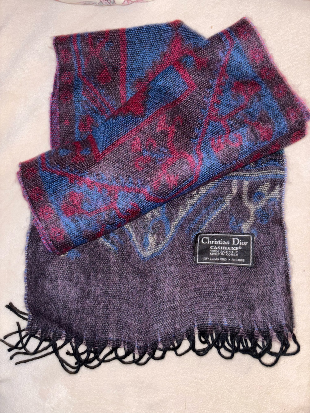Vintage Christian Dior Reversible Cashluxe®️ Scarf in Blue and Burgundy